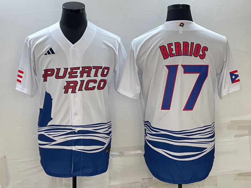 Men's Puerto Rico Baseball #17 José Berríos 2023 White World Baseball Classic Stitched Jersey
